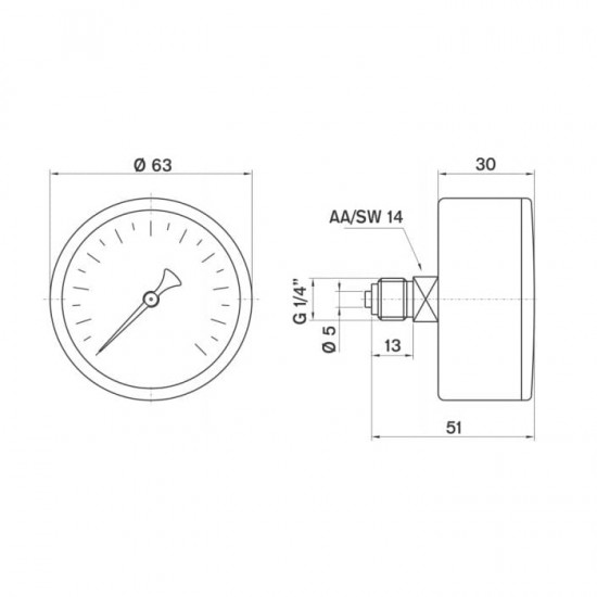 Pakkens Çap 63 0/10 Bar Kuru Tip Basınç Ölçer Manometre Alttan Bağlantılı 1/4" 1 Kutu (5 adet)
